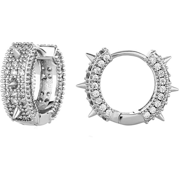 Women Sliver Goth Punk Hoop Earing Cubic Zirconia Spike Cool Vampire Earring - Picture 1 of 6